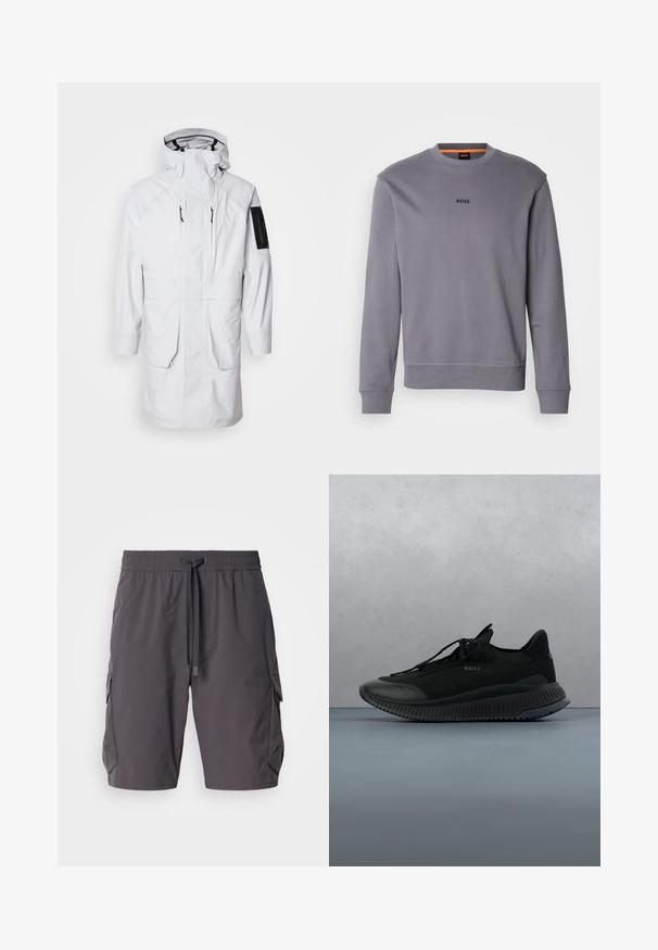 Biely vodotesný parkas s vysokým golierom, nastaviteľnou kapucňou, dvoma prednými vreckami a vreckom na zips na rukáve. Má elegantnú, hladkú tkaninu.; Šedá mikina vyrobená z bavlny s okrúhlym výstrihom, elastickými manžetami a spodným lemom, s malým logom "BOSS" na prednej strane.; Sivé cargo šortky vyrobené z ľahkej tkaniny, s elastickým pásom na šnurovanie, bočnými vreckami a mierne voľným strihom.; Čierne športové tenisky s vrchom z sieťoviny, gumovou podrážkou a dizajnom na šnurovanie. Disponujú štruktúrovaným povrchom a diskrétnym brandingom na strane.