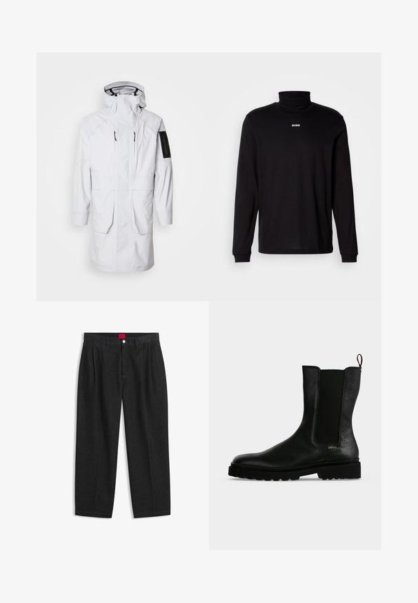 Parka blanca impermeable con cuello alto, capucha ajustable, dos bolsillos frontales y un bolsillo con cremallera en la manga. Con tejido suave y elegante.; Camisa de cuello alto negra de manga larga hecha de un tejido suave, con el logo blanco "HUGO" en el pecho, con puños y dobladillo ajustados.; Pantalones negros de talle alto con pliegues delanteros, trabillas para cinturón, cierre con botón y cremallera, y una etiqueta roja en el interior de la cintura.; Botín negro de cuero con panel lateral elástico, suela gruesa y lengüeta en la parte trasera, con un pequeño logo dorado "Hugo" cerca del talón.
