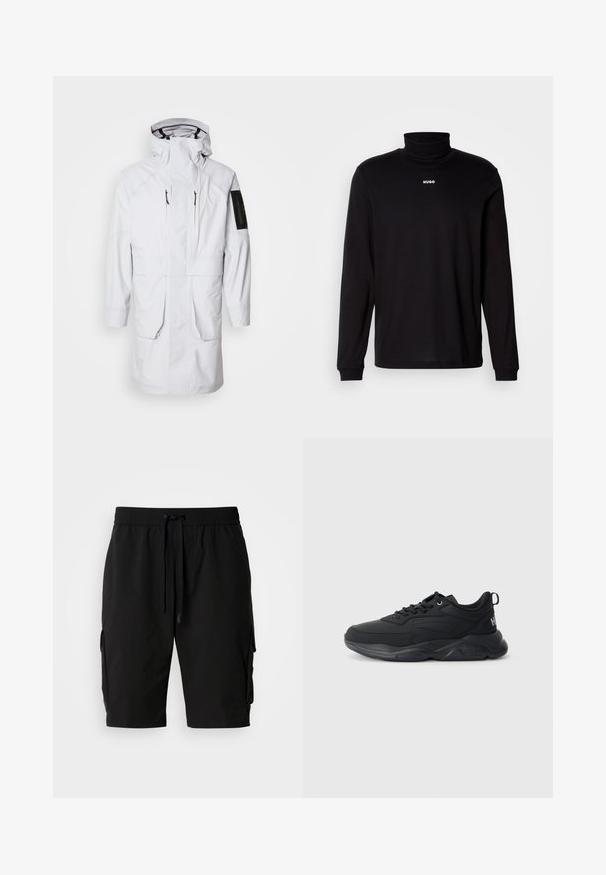 Biely vodotesný parkas s vysokým golierom, nastaviteľnou kapucňou, dvoma prednými vreckami a vreckom na zips na rukáve. Má elegantnú, hladkú tkaninu.; Čierny dlhý rukáv svetra s rolákovým golierom vyrobený z hladkej látky, s bielym nápisom "HUGO" na hrudi, s priliehavými manžetami a lemom.; Čierne cargo šortky vyrobené z ľahkej tkaniny, s elastickým pásom, šnúrkou na stiahnutie a postrannými cargo vreckami pre väčší úložný priestor.; Čierne športové topánky s hladkým textilným zvrškom, šnurkovým dizajnom, polstrovaným golierom, kontrastnou gumovou podrážkou a detailom loga na päte.