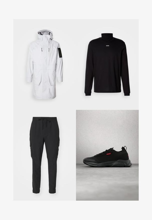 Weißer wasserdichter Parka mit hohem Kragen, verstellbarem Kapuzen, zwei Fronttaschen und einer Reißverschlusstasche am Ärmel. Ausgestattet mit einem eleganten, glatten Stoff.; Schwarzes Langarm-Turtleneck-Shirt aus glattem Stoff, mit einem weißen "HUGO"-Logo auf der Brust, eng anliegend an den Bündchen und dem Saum.; Schwarze Cargo-Hosen aus leichtem Material. Elastischer Bund mit Kordelzug. Eng zulaufendes Beindesign und seitliche Taschen. Glatte Textur.; Schwarzer flacher Sportschuh mit strukturierter Sohle, Mesh-Gewebe und rotem "HUGO"-Label an Seite und Ferse, auf grauer Oberfläche.