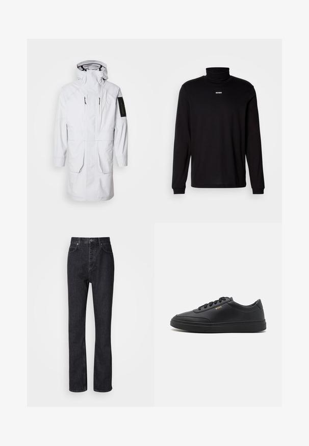 Biely vodotesný parkas s vysokým golierom, nastaviteľnou kapucňou, dvoma prednými vreckami a vreckom na zips na rukáve. Má elegantnú, hladkú tkaninu.; Čierny dlhý rukáv svetra s rolákovým golierom vyrobený z hladkej látky, s bielym nápisom "HUGO" na hrudi, s priliehavými manžetami a lemom.; Vysoké čierne denims nohavice so zapínaním na gombík a zips, predné a zadné vrecká a rovný strih.; Čierne kožené tenisky s hladkou textúrou, okrúhlou špičkou, plochou gumovou podrážkou a tónovanými šnúrkami. Obsahujú zlaté logo "BOSS" na boku.