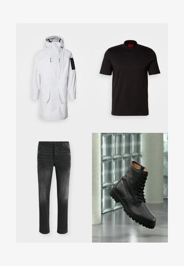 Biely vodotesný parkas s vysokým golierom, nastaviteľnou kapucňou, dvoma prednými vreckami a vreckom na zips na rukáve. Má elegantnú, hladkú tkaninu.; Čierne tričko s krátkym rukávom a vysokým golierom. Vyrobené z hladkej tkaniny. Obsahuje červenú značkovú nášivku na vnútornej strane goliera.; Čierne skinny džíny s vyblednutými detailmi, štýl s piatimi vreckami a zapínaním na gombík v páse.; Čierna kožená šnurovacia bojová členková obuv s hrubou podrážkou, zlaté logo "HUGO" na boku, vystavená v modernom vnútornom priestore s pozadím zo sklenených blokov.