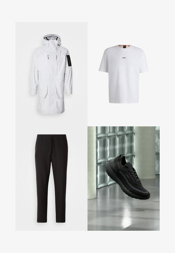 Biely vodotesný parkas s vysokým golierom, nastaviteľnou kapucňou, dvoma prednými vreckami a vreckom na zips na rukáve. Má elegantnú, hladkú tkaninu.; Biela bavlnená tričko s krátkymi rukávmi, na prednej strane so stredne umiestneným čiernym logom "BOSS" a okrúhlym výstrihom.; Čierne jogger nohavice vyrobené z hladkej tkaniny. Majú elastický pás s šnúrkou, zúžené nohavice a žiadne viditeľné vrecká. Jednoduchý dizajn.; Čierna pletená teniska s hrubou protektovanou podrážkou a šnúrkami, značky "BOSS", vznášajúca sa v interiéri pri stene zo sklenných blokov a betónovej podlahe.