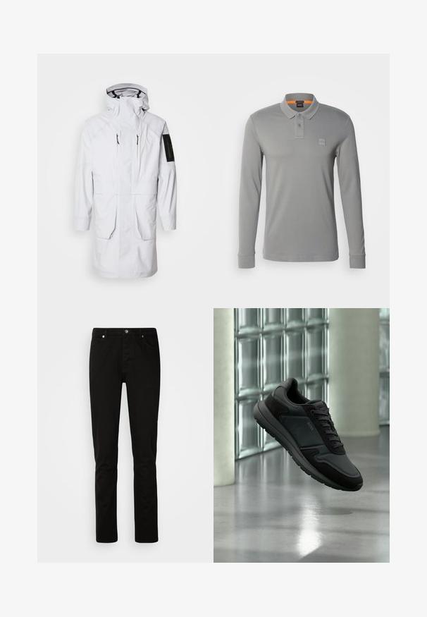 Biely vodotesný parkas s vysokým golierom, nastaviteľnou kapucňou, dvoma prednými vreckami a vreckom na zips na rukáve. Má elegantnú, hladkú tkaninu.; Dlhý rukáv polo tričko v svetlo šedej bavlne s gombíkovým golierom, s jemným logom značky na hrudi a oranžovým akcentom.; Čierne rovné rifle s predným zapínaním na gombík a zips, predné a zadné vrecká, zobrazené na jednoduchom svetlom pozadí.; Čierna teniska BOSS so šnurovacím dizajnom, vznášajúca sa nad lesklou podlahou, sklennou múrom a stĺpmi v modernom interiéri.