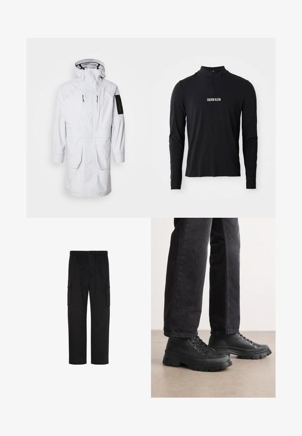 Weißer wasserdichter Parka mit hohem Kragen, verstellbarem Kapuzen, zwei Fronttaschen und einer Reißverschlusstasche am Ärmel. Ausgestattet mit einem eleganten, glatten Stoff.; Schwarzes Langarmoberteil mit hohem Kragen, ausgestattet mit einem Viertel-Reißverschluss und weißem "CALVIN KLEIN" Logo auf der Vorderseite. Glatter, elastischer Stoff.; Schwarze gerade geschnittene Cargohosen mit elastischem Bund, Knopfverschluss und zwei Klappentaschen an den Seiten.; Schwarze Schnürsneaker mit einer klobigen, strukturierten Sohle und glattem Obermaterial. Mit Metallösen und einem gerippten Akzent um die Zehenpartie.