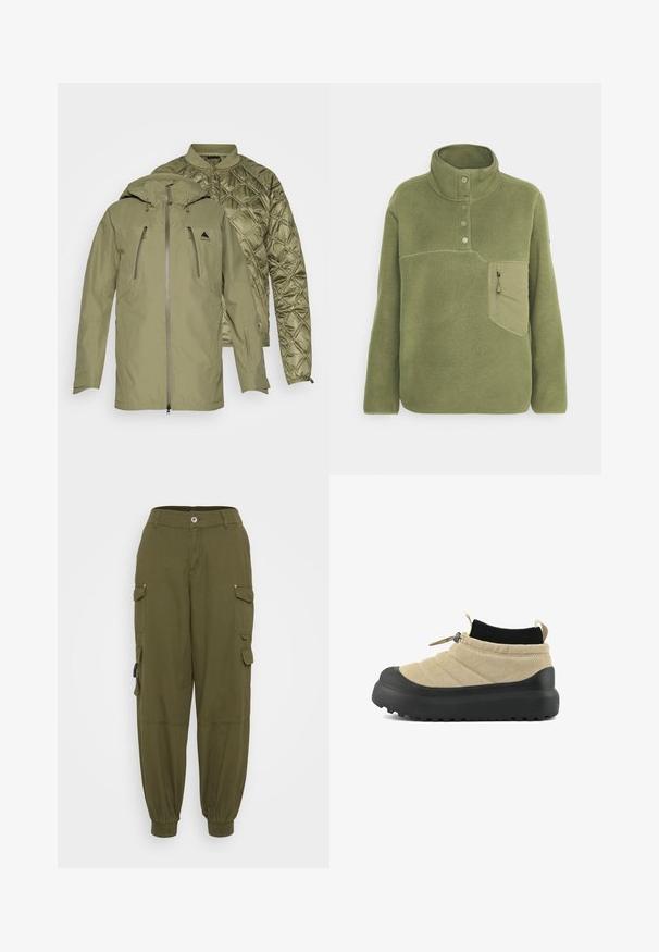 Veste d'extérieur verte avec une doublure matelassée amovible, poches zippées et capuche ajustable. Coque extérieure texturée et doublure lisse.; Pull en polaire vert olive avec un col montant, trois boutons et une poche poitrine zippée. Texture douce avec des détails de couture contrastants.; Pantalons cargo vert olive avec une ceinture élastique, des poignets fuselés et plusieurs poches latérales. Fabriqués à partir d'un tissu durable avec une texture douce.; Bottines slip-on beiges avec semelle en caoutchouc noir épais, revers noir côtelé à la cheville et fermeture à cordon ajustable sur fond blanc.