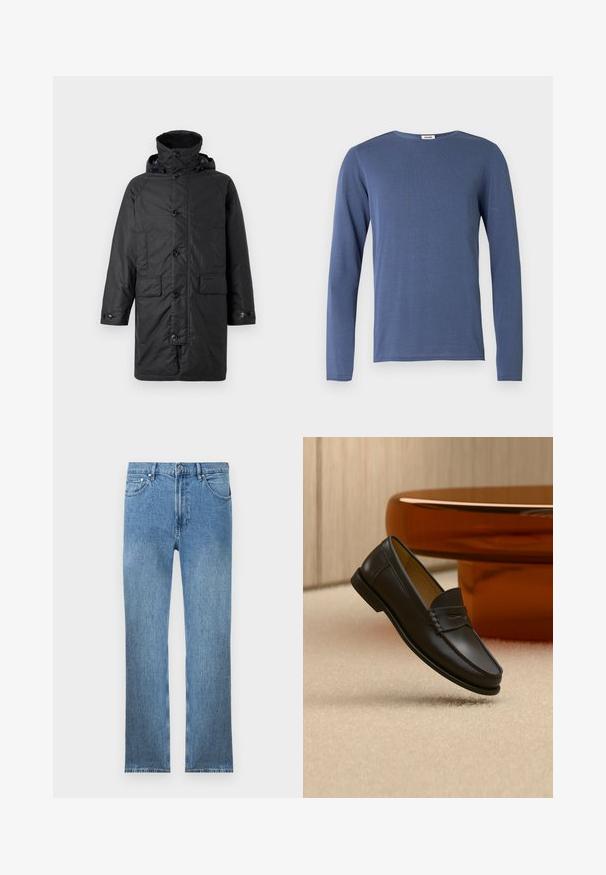 Barbour BEAUDALE WAX - Wintermantel - navy; Langärmeliges, rundhalsiges Shirt in mittlerem Blau. Hergestellt aus weichem Stoff mit subtiler Textur. Gerader Schnitt und minimale Details.; Hellblaue Jeans aus Denim mit geradem Schnitt, fünf Taschen, einem Reißverschluss und kontrastierender Naht. Der Stoff hat eine glatte, strukturierte Oberfläche.; Schwarzer Leder-Loafer, der über einem hellbeigen Teppich schwebt, mit bernsteinfarbenen modernen Möbeln im Hintergrund.