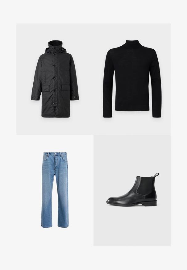 Barbour BEAUDALE WAX - Wintermantel - navy; Schwarzer Rollkragenpullover aus weichem Stoff, mit langen Ärmeln und einer taillierten Silhouette, die einen kleinen runden Akzent am Hals aufweist.; Helle blaue Jeans im Geradeschnitt-Design, mit fünf Taschen, Knopfverschluss, minimaler Ausbleichung und kontrastierenden Nähdetails.; Schwarze Leder-Stiefelette mit elastischen Seiteneinsätzen, abgerundeter Zehenpartie und einem Zugschlauf. Glatte Textur, flache Sohle, minimalistisches Design.