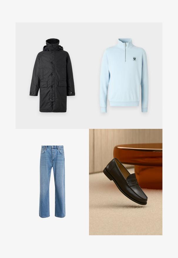 Barbour BEAUDALE WAX - Wintermantel - navy; Helles blaues Pullover-Sweatshirt mit hohem Kragen, halbem Reißverschluss und einem kleinen schwarzen Logopatch auf der Brust. Weiches Baumwollmischgewebe.; Helle blaue Jeans im Geradeschnitt-Design, mit fünf Taschen, Knopfverschluss, minimaler Ausbleichung und kontrastierenden Nähdetails.; Schwarzer Leder-Loafer, der über einem hellbeigen Teppich schwebt, mit bernsteinfarbenen modernen Möbeln im Hintergrund.