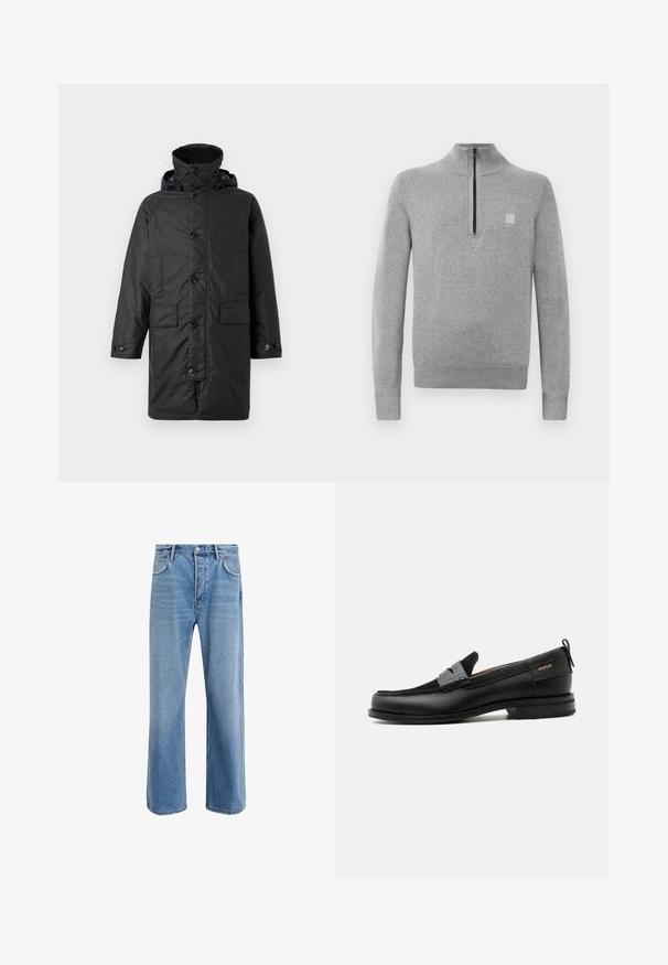 Barbour BEAUDALE WAX - Wintermantel - navy; Grauer Pullover mit einem Reißverschluss am Stehkragen. Hat lange Ärmel, gerippte Bündchen und ein kleines Logo-Patch auf der Brust. Weicher Strickstoff.; Helle blaue Jeans im Geradeschnitt-Design, mit fünf Taschen, Knopfverschluss, minimaler Ausbleichung und kontrastierenden Nähdetails.; Schwarzer Lederloafer mit grauem Riemendetail, niedrigem Absatz und strukturierter Sohle, seitlich mit „HUGO“ in Gold gebrandmarkt.
