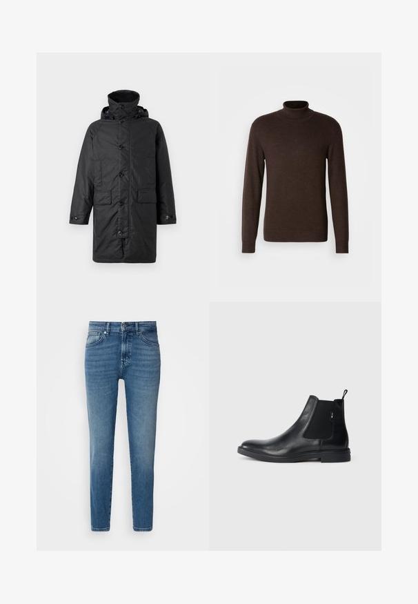 Barbour BEAUDALE WAX - Wintermantel - navy; Brauner Rollkragenpullover aus weichem Material, mit langen Ärmeln und einem gerippten Kragen. Glatte Textur mit taillierter Passform.; Helle blaue Denim-Jeans mit geradem Schnitt, traditionellem Fünf-Taschen-Design, Metallknopfverschluss und dezentem Verblassen an der Vorderseite.; Schwarze Leder Chelsea-Boots mit elastischen seitlichen Einsätzen, einer Zugschlaufe und einer flachen Gummisohle. Glatte Textur mit minimaler Ausgestaltung.