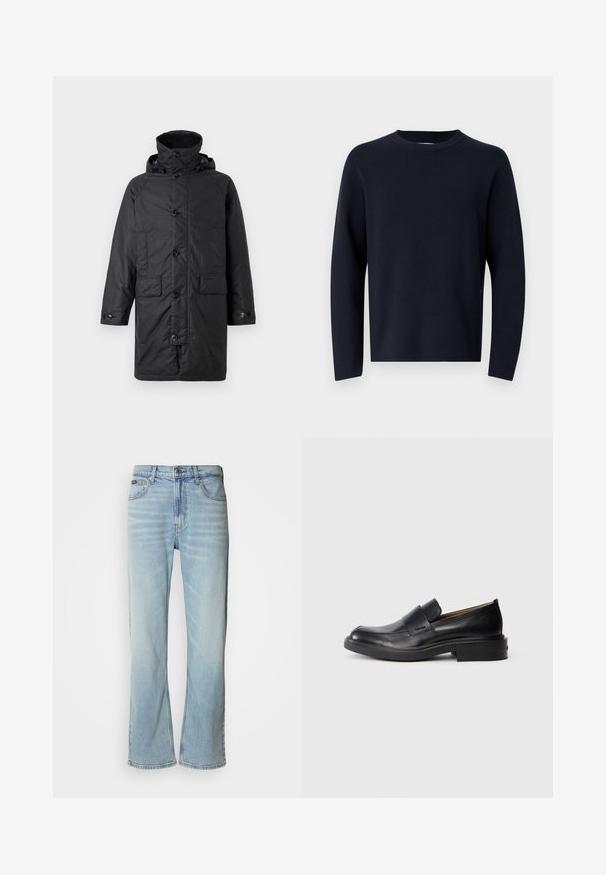 Barbour BEAUDALE WAX - Wintermantel - navy; Marineblauwe trui, ronde hals, lange mouwen, gemaakt van zachte stof met een gladde textuur. Eenvoudig ontwerp, geen zichtbare patronen of hardware.; Lichtblauwe denim jeans met een rechte pijp, voorzien van vijf zakken, een knoopsluiting en subtiele vervaging op de stof.; Zwarte leren instap schoenen met een lage hak en subtiel Calvin Klein-logo aan de zijkant, weergegeven in profiel op een witte achtergrond.