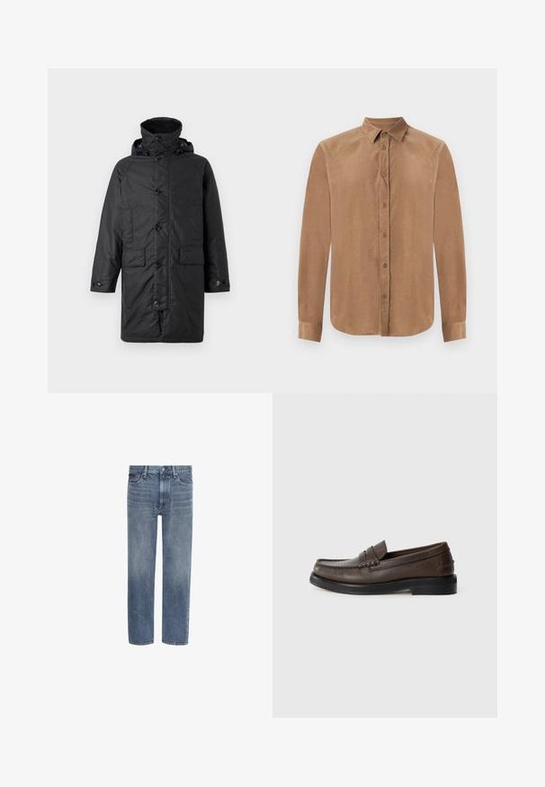 Barbour BEAUDALE WAX - Χειμωνιάτικο παλτό - navy; Καφέ, μακρυμάνικο πουκάμισο με κουμπιά από μαλακό ύφασμα, διαθέτοντας κομψό γιακά και μπροστινό κλείσιμο με κουμπιά. Λείο ύφασμα με ίσια γραμμή.; Τζιν μπλε με ευθεία γραμμή, μπροστινές τσέπες, θηλιές για ζώνη και κούμπωμα με κουμπί.; Καφέ δερμάτινο μοκασίνι με ραφές στην μύτη, επίπεδη σόλα και χαμηλό συσσωρευμένο τακούνι. Ομαλή υφή με μινιμαλιστικά σχεδιαστικά στοιχεία.