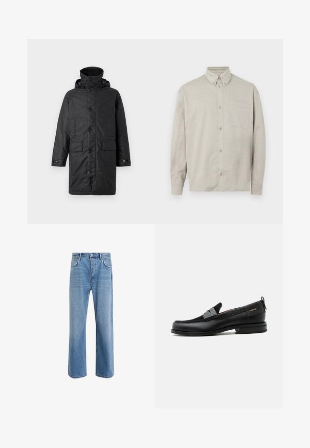 Barbour BEAUDALE WAX - Manteau d'hiver - navy; Chemise à manches longues, couleur gris clair, en tissu doux. Dotée d'un col boutonné, d'une poche avant et d'une coupe décontractée.; Jeans en denim bleu clair avec une coupe droite, cinq poches, fermeture à bouton, peu d'usure et des détails de couture contrastés.; Mocassin en cuir noir avec détail de bride grise, talon bas et semelle texturée, marqué "HUGO" en or sur le côté.