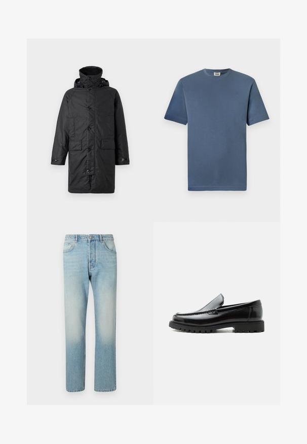 Barbour BEAUDALE WAX - Manteau d'hiver - navy; T-shirt en coton bleu avec un col rond et des manches courtes. Présente une texture lisse et un ourlet droit. Pas de motifs ou graphiques visibles.; Jeans bleu clair fabriqués en denim, présentant un design à jambe droite, une structure à cinq poches et un effet délavé au niveau des cuisses.; Mocassin en cuir noir avec semelle en caoutchouc épaisse, dessus cousu et nom de marque embossé sur le talon, présenté de profil sur fond blanc.