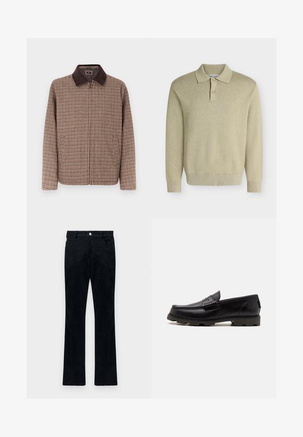 Veste à carreaux marron avec un col en velours côtelé marron foncé, dotée d'une fermeture éclair à l'avant et de deux poches latérales. Le textile a une texture lisse.; Polo beige à manches longues avec col et deux boutons, poignets et ourlet côtelés, présenté sur un fond clair uni.; Pantalon en velours côtelé noir au design droit, comportant cinq poches et une fermeture à bouton en métal. Texture douce avec des nervures verticales.; Mocassins en cuir noir avec un bout arrondi, des coutures décoratives et une semelle texturée pour une meilleure adhérence. Talon légèrement surélevé.