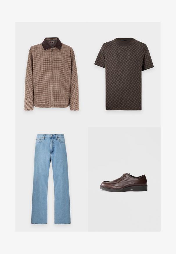 Veste à carreaux marron avec un col en velours côtelé marron foncé, dotée d'une fermeture éclair à l'avant et de deux poches latérales. Le textile a une texture lisse.; T-shirt à manches courtes marron foncé avec motif circulaire marron clair uniformément réparti sur le tissu et un col rond.; Jean en denim bleu clair coupe droite à cinq poches avec fermeture à boutons à la taille, présenté sur un fond uni.; Chaussure habillée en cuir marron avec un bout arrondi, des accents de couture minimum, et une semelle noire robuste. Présente un système de laçage et une texture lisse.