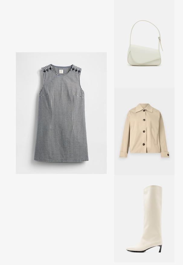 Veste beige en coton, dotée d'un col classique, de boutons à l'avant et de poches latérales ; texture lisse et design structuré.; Robe sans manches à carreaux vichy bleu marine et blanc avec un col rond et des détails de boutons sur les deux épaules, posée à plat sur un fond blanc.; Botte blanche hauteur genou en matériau lisse avec un bout pointu et un talon noir fin. Présente un design épuré et un marquage minimal.; Sac à main en cuir synthétique blanc avec une forme triangulaire structurée, une bandoulière unique réglable et un rabat à courbes accentuées.
