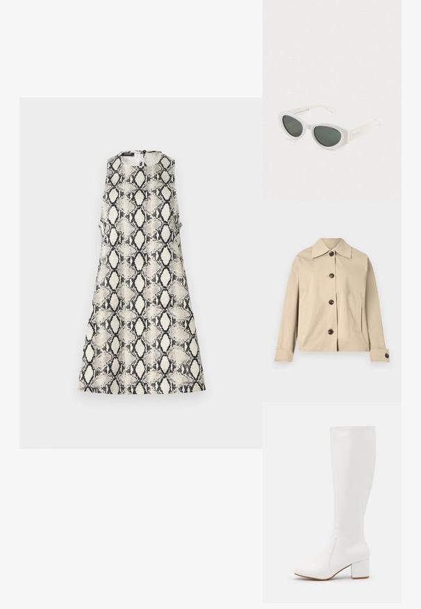 Veste beige en coton, dotée d'un col classique, de boutons à l'avant et de poches latérales ; texture lisse et design structuré.; Une robe sans manches avec un motif de serpent beige et noir, un col rond et une fermeture éclair dans le dos.; Bottes blanches jusqu'au genou avec une finition lisse et brillante. Talon carré et détails de couture subtils sur le côté.; Lunettes de soleil blanches en forme d'yeux de chat avec des verres polarisés foncés et une monture en polycarbonate recyclé sur un fond blanc uni.