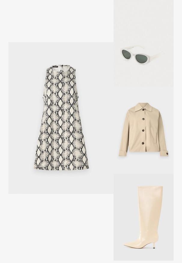 Veste beige en coton, dotée d'un col classique, de boutons à l'avant et de poches latérales ; texture lisse et design structuré.; Une robe sans manches avec un motif de serpent beige et noir, un col rond et une fermeture éclair dans le dos.; Botte en cuir beige à hauteur de genoux avec une finition lisse et élégante, un bout pointu et un talon bas et élancé. Présente un design minimaliste sans accents visibles.; Lunettes de soleil blanches en forme d'yeux de chat avec des verres polarisés foncés et une monture en polycarbonate recyclé sur un fond blanc uni.