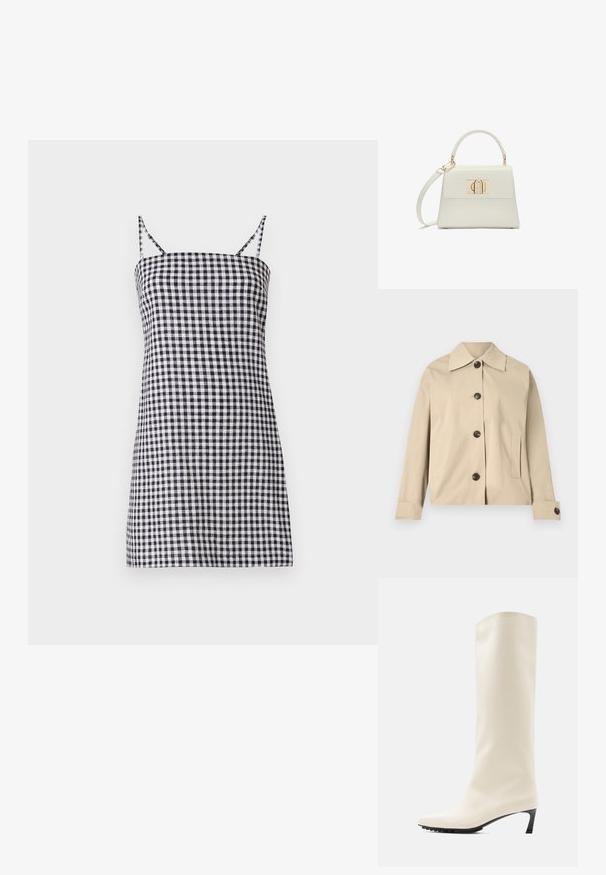 Veste beige en coton, dotée d'un col classique, de boutons à l'avant et de poches latérales ; texture lisse et design structuré.; Robe à carreaux noir et blanc avec des bretelles fines, silhouette droite et corsage ajusté. Matière en coton avec une texture lisse.; Botte blanche hauteur genou en matériau lisse avec un bout pointu et un talon noir fin. Présente un design épuré et un marquage minimal.; Petit sac à main blanc avec poignée supérieure, bandoulière amovible et fermoir rectangulaire doré sur la rabat avant.