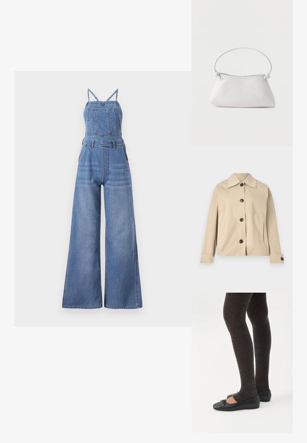 Veste beige en coton, dotée d'un col classique, de boutons à l'avant et de poches latérales ; texture lisse et design structuré.; Combinaison en denim avec jambes larges, bretelles spaghetti réglables, une poche frontale, et un lavage bleu clair avec un léger délavage.; Jambes portant des leggings côtelés foncés associés à des ballerines noires avec de petits détails en nœud sur fond blanc.; Sac à main en cuir tressé blanc avec poignée arrondie et extrémités de lanière nouées, présenté sur un fond uni.