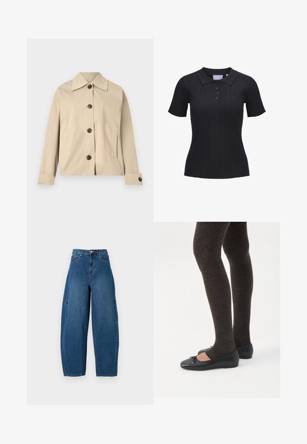 Veste beige en coton, dotée d'un col classique, de boutons à l'avant et de poches latérales ; texture lisse et design structuré.; Polo noir à manches courtes en maille côtelée avec quatre boutons et un col traditionnel.; Jean en denim de teinte bleu moyen, présentant une taille haute, une coupe large et un design standard à cinq poches avec des détails de coutures visibles.; Jambes portant des leggings côtelés foncés associés à des ballerines noires avec de petits détails en nœud sur fond blanc.