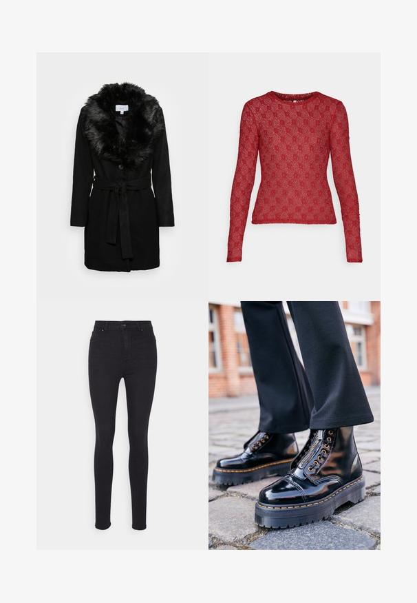 VILA VIMETIL COLLAR - Manteau classique - black; ONLY ONLBENNE - T-shirt à manches longues - biking red; Jean skinny noir en denim avec taille haute, cinq poches et texture lisse. Dispose d'une fermeture éclair à l'avant et d'un bouton.; Bottines en cuir verni noir avec une semelle en caoutchouc épaisse, fermeture éclair sur le côté, quincaillerie en œillet doré et détail de surpiqûre jaune contrastant.