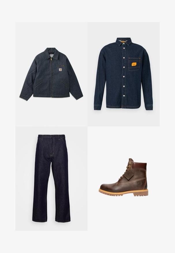 Dark blue denim jacket with a front zipper, pointed collar, and two side pockets. Features a chest pocket with a logo patch and yellow stitching.; Dark blue denim shirt with button-down collar, orange label on chest pocket, and white buttons. Soft texture with contrast stitching details.; Dark blue straight-leg denim jeans with front pockets, belt loops, zip fly, and button closure, displayed against a plain white background.; Brown leather ankle boot with a round toe, sturdy sole, gold-tone hardware, and a textured upper. Includes a logo tag attached.
