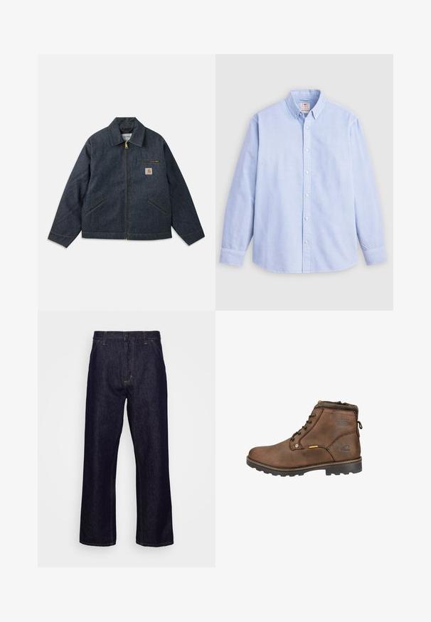 Mørkeblå denimjakke med lynlås foran, spids krave og to sidelommer. Har en brystlomme med logo-patch og gul syning.; Lyseblå langærmet skjorte med knapper lavet af bomuld, der har en klassisk krave og diskret broderet logo på venstre bryst.; Mørkeblå lige ben denim jeans med forlommer, bæltestropper, lynlås og knaplukning, præsenteret foran en simpel hvid baggrund.; Brune læder ankelstøvle med afrundet tå, snørebåndsdesign, polstret krave og tekstureret gummisål. Har logo og metal-accenter.