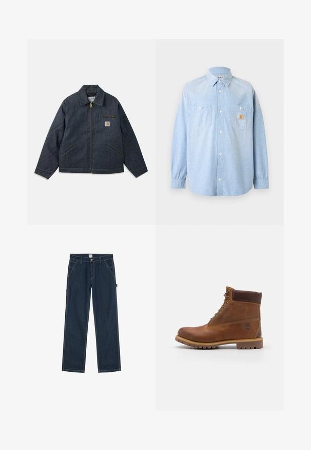 Dark blue denim jacket with a front zipper, pointed collar, and two side pockets. Features a chest pocket with a logo patch and yellow stitching.; Light blue long-sleeve button-up shirt with two front pockets, one featuring a Carhartt logo patch, and subtle white paint splatter details.; Dark blue straight-leg denim pants with front pockets, belt loops, and a button closure at the waist.; Brown leather hiking boot with a smooth finish, padded ankle, metal eyelets, and a rubber sole featuring a rugged tread pattern.