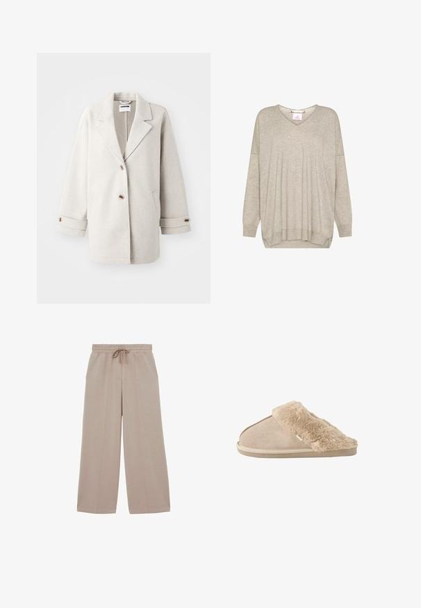 Lys grå uldfrakke med overdimensionerede klapkraver, to knapper, opbrettede manchetter og sidelommer. Blød tekstur, afslappet pasform og minimalistisk design.; Lysebeige langærmet striktrøje med V-udskæring og ribkanter ved ærmer og bund, med en let løs pasform og faldende skuldersømme.; Beige bukser med vide ben, elastisk talje og snøre, med detaljer ved front-sømmen og afslappet pasform.; Beige slip-on tøfler med blødt ruskind yderside og blødt, fluffy inderfor og manchet, designet til komfort indendørs.