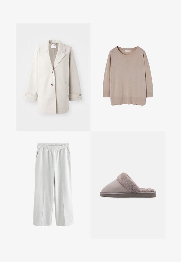 Lys grå uldfrakke med overdimensionerede klapkraver, to knapper, opbrettede manchetter og sidelommer. Blød tekstur, afslappet pasform og minimalistisk design.; Kræmfarvet, løstsiddende sweater med rund halsudskæring, sænkede skuldre og ribbede manchetter. Blødt stof med minimale sømme og ingen mønstre.; Lysegrå vidde bukser med elastisk talje og sidelommer, lavet af blødt stof.; Grå ruskinds slippers med en blød, fuzzy, lys grå pelsforing. Lukket tådesign og fleksibel, tekstureret sål for greb.