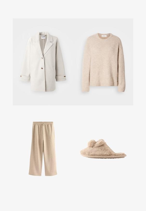 Lys grå uldfrakke med overdimensionerede klapkraver, to knapper, opbrettede manchetter og sidelommer. Blød tekstur, afslappet pasform og minimalistisk design.; Beige strikket sweater med rund hals, lange ærmer og ribkant. Blødt, tekstureret stof med en afslappet pasform.; Cremefarvede breddebenede bukser lavet af blødt bomuldsblandingsstof. Har en elastisk talje med snor og en subtil plettet tekstur.; Beige, fløjlsblød hjemmesko med to pomponer på toppen og en flad sål, designet til indendørs brug.