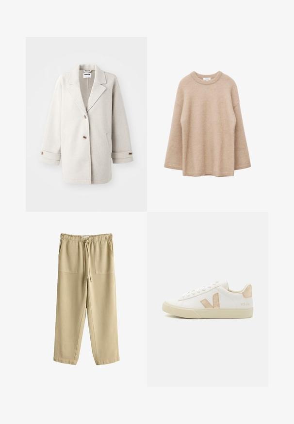 Lys grå uldfrakke med overdimensionerede klapkraver, to knapper, opbrettede manchetter og sidelommer. Blød tekstur, afslappet pasform og minimalistisk design.; Beige langærmet sweater med rund hals, blød og fnugget tekstur og løs pasform, vist mod en hvid baggrund.; Beige afslappede bukser med elastisk taljebånd, snørelukning og to forlommer med lapper, vist på en hvid baggrund.; Hvid lædersneaker med lyserøde accenter, rund snude, snørelukning, tekstureret gummisål og et logo på hælen.