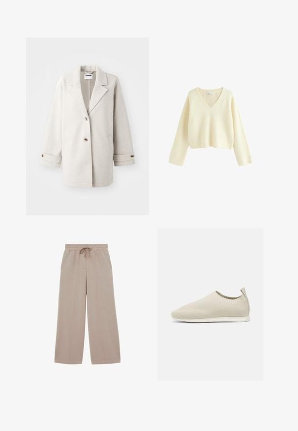 Lys grå uldfrakke med overdimensionerede klapkraver, to knapper, opbrettede manchetter og sidelommer. Blød tekstur, afslappet pasform og minimalistisk design.; Cremefarvet, cropped sweater med ribbet tekstur, V-hals og lange ærmer. Har en afslappet pasform og et enkelt design.; Beige bukser med vide ben, elastisk talje og snøre, med detaljer ved front-sømmen og afslappet pasform.; Beige strikket slip-on sko med lav profil, tekstureret overdel og fleksibel sål. Har et vævet design omkring anklene for komfort.