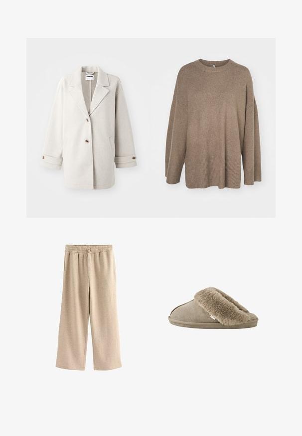 Lys grå uldfrakke med overdimensionerede klapkraver, to knapper, opbrettede manchetter og sidelommer. Blød tekstur, afslappet pasform og minimalistisk design.; Brun oversized sweater med ribbet kant, brede ærmer og rund hals. Blød tekstur, minimalistisk design uden mønstre.; Beige vide benbukser lavet af blødt stof, med en elastisk talje og snor, og en diskret prikket tekstur hele vejen igennem.; Beige slip-on tøfler med blød, plyssede pelsforing omkring åbningen og en ydersål med ruskindslignende overflade.