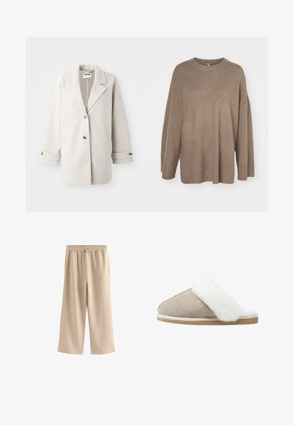 Lys grå uldfrakke med overdimensionerede klapkraver, to knapper, opbrettede manchetter og sidelommer. Blød tekstur, afslappet pasform og minimalistisk design.; Brun oversized sweater med ribbet kant, brede ærmer og rund hals. Blød tekstur, minimalistisk design uden mønstre.; Cremefarvede breddebenede bukser lavet af blødt bomuldsblandingsstof. Har en elastisk talje med snor og en subtil plettet tekstur.; Suedelæders slipsko i lys beige med en hvid, fluffy pelskant over det øverste, med en struktureret ydersål for greb og komfort.