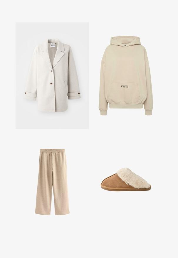 Lys grå uldfrakke med overdimensionerede klapkraver, to knapper, opbrettede manchetter og sidelommer. Blød tekstur, afslappet pasform og minimalistisk design.; Beige hættetrøje med en forlomme, ribbede manchetter og snøre i hætten. "PECADOR PGDR" tekst trykt på lommedelen.; Cremefarvede breddebenede bukser lavet af blødt bomuldsblandingsstof. Har en elastisk talje med snor og en subtil plettet tekstur.; Brun slip-on tøffel med blød beige imiteret pelsforing og sål, vist fra siden på hvid baggrund.