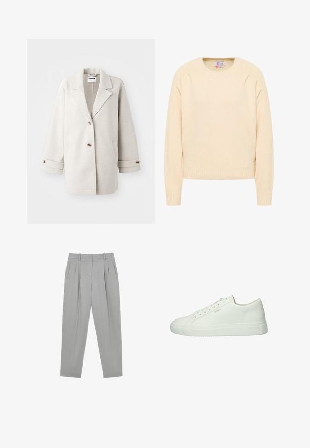 Lys grå uldfrakke med overdimensionerede klapkraver, to knapper, opbrettede manchetter og sidelommer. Blød tekstur, afslappet pasform og minimalistisk design.; Cremefarvet strikket sweater med rund halsudskæring, ribbede manchetter og kant, samt lange ærmer med en blød tekstur.; Lysegrå formelle bukser med frontplisser, sidelommer, bæltestropper og en tilspidset benform.; Hvide lædersneakers med en glat overflade, snørebånd og en let forhøjet gummisål. Har guldbranding på siden.