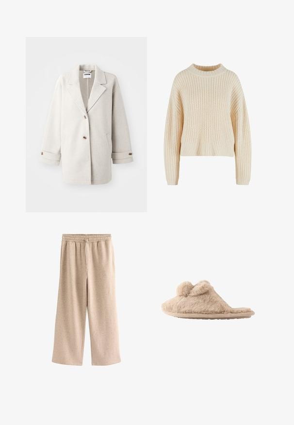 Lys grå uldfrakke med overdimensionerede klapkraver, to knapper, opbrettede manchetter og sidelommer. Blød tekstur, afslappet pasform og minimalistisk design.; Cremefarvet strikket sweater med høj ribbet krave, brede ærmer og et struktureret mønster hele vejen igennem. Kropet design med ribbet kant.; Beige bukser med vide ben, elastisk talje og snørre, lavet af et blødt, plettet stof.; Beige, fløjlsblød hjemmesko med to pomponer på toppen og en flad sål, designet til indendørs brug.