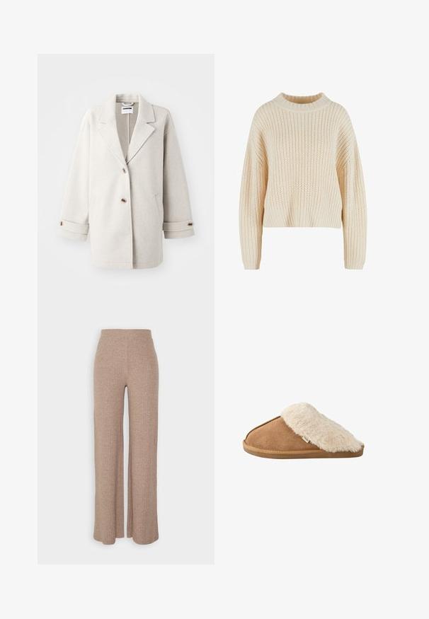 Lys grå uldfrakke med overdimensionerede klapkraver, to knapper, opbrettede manchetter og sidelommer. Blød tekstur, afslappet pasform og minimalistisk design.; Cremefarvet strikket sweater med høj ribbet krave, brede ærmer og et struktureret mønster hele vejen igennem. Kropet design med ribbet kant.; Beige ribbede vide bukser med høj talje og blød tekstur, der har en løs pasform og ingen synlige lukninger.; Brun slip-on tøffel med blød beige imiteret pelsforing og sål, vist fra siden på hvid baggrund.