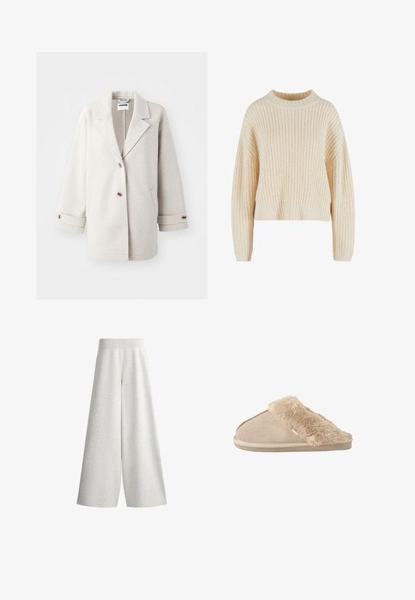 Lys grå uldfrakke med overdimensionerede klapkraver, to knapper, opbrettede manchetter og sidelommer. Blød tekstur, afslappet pasform og minimalistisk design.; Cremefarvet strikket sweater med høj ribbet krave, brede ærmer og et struktureret mønster hele vejen igennem. Kropet design med ribbet kant.; Lysegrå vidbenede strikkede bukser med ribbet elastisk taljebånd og detaljer på sidepanel, vist på hvid baggrund.; Beige slip-on tøfler med blødt ruskind yderside og blødt, fluffy inderfor og manchet, designet til komfort indendørs.