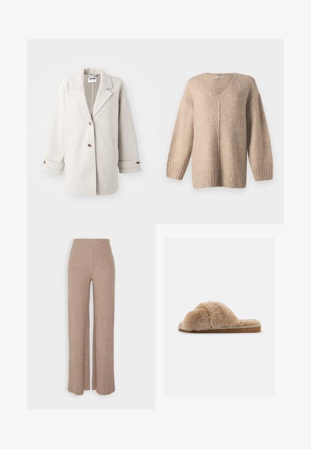 Lys grå uldfrakke med overdimensionerede klapkraver, to knapper, opbrettede manchetter og sidelommer. Blød tekstur, afslappet pasform og minimalistisk design.; Beige strikket sweater med V-hals, dropped skuldre og ribbet kant. Blød tekstur, afslappet pasform og diskret spottet mønster hele vejen igennem.; Beige ribbede vide bukser med høj talje og blød tekstur, der har en løs pasform og ingen synlige lukninger.; Fuzzy beige hjemmesko med blød tekstur, åben bag og indvendig foring. Flad sål med en lysebrun bund og beige syning.
