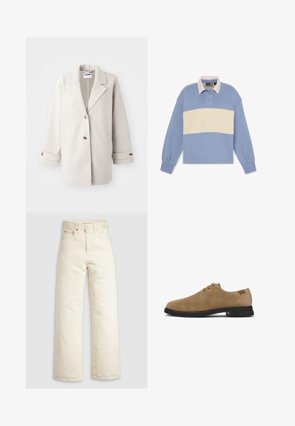 Lys grå uldfrakke med overdimensionerede klapkraver, to knapper, opbrettede manchetter og sidelommer. Blød tekstur, afslappet pasform og minimalistisk design.; Lyseblå langærmet poloshirt med en cremefarvet, vandret stribe. Har broderet "Timberland"-logo og en kontrastkrave.; Vidbenede jeans i offwhite denim med høj talje, kobbernitter og klassisk design med fem lommer. Struktureret stof med rene kanter.; Ruskinds sko i tan med snørebånd, rund tå, sort gummisål og minimal syning. Har et lille logomærke på siden.
