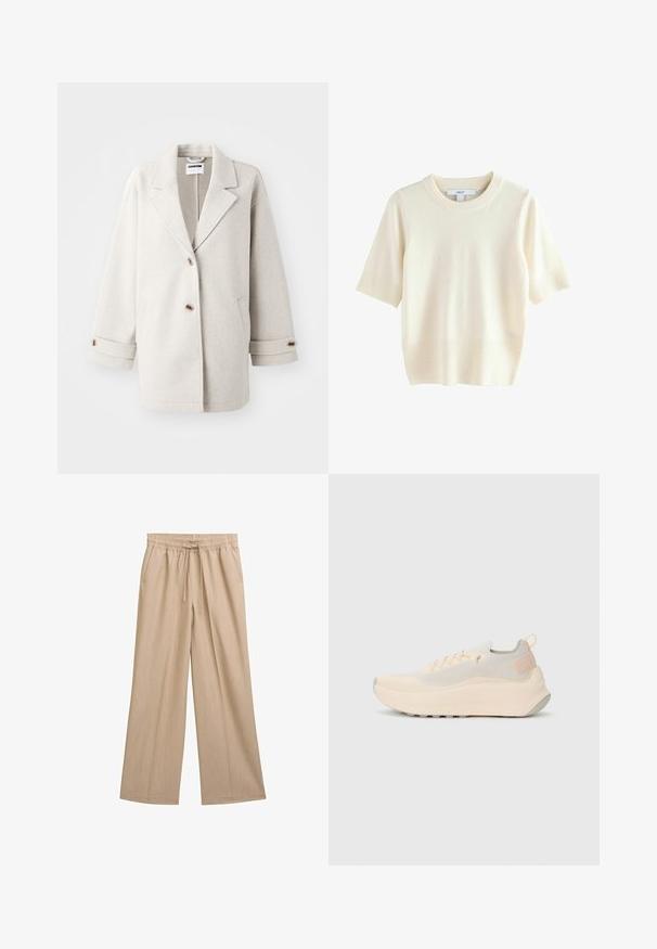 Lys grå uldfrakke med overdimensionerede klapkraver, to knapper, opbrettede manchetter og sidelommer. Blød tekstur, afslappet pasform og minimalistisk design.; Kortærmet sweater i cremefarve lavet af blødt stof. Har ribbet halsudskæring og kant, med glat tekstur og afslappet pasform.; Beige vide bukser med tekstureret stof. Har en elastisk talje med snor og sidelommer. Simpel, lige snit-design.; Lavprofil, lysebrun atletiksko med strikket overdel, tyk polstret sål, snørebåndslukning og trækstrop ved hælen, vist i sidevisning.