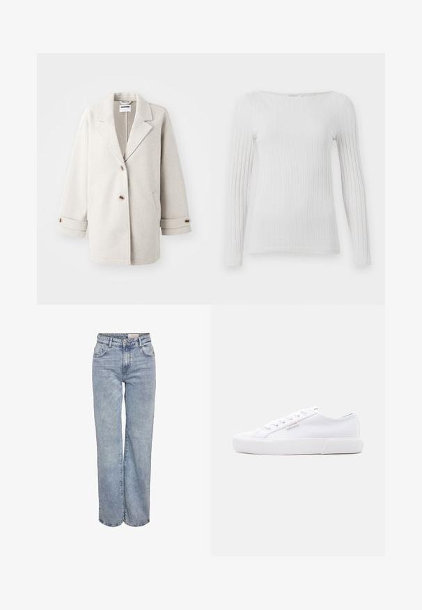 Lys grå uldfrakke med overdimensionerede klapkraver, to knapper, opbrettede manchetter og sidelommer. Blød tekstur, afslappet pasform og minimalistisk design.; Hvid, ribbet langærmet top med bred rund halsudskæring og tætsiddende silhuet.; Lyseblå vidde jeans lavet af denim, med høj talje, fem-lomme design og subtil falmning for et slidt look.; Hvid low-top sneaker med platformsål, snørebånd foran og lille Calvin Klein logo på siden.