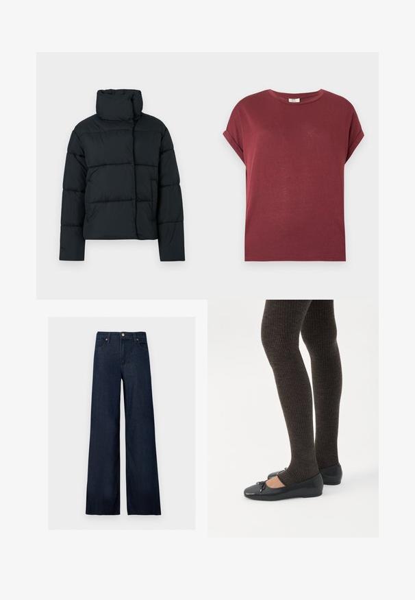 Veste matelassée noire avec un col montant, un design matelassé, et une coupe carrée. Elle comporte une fermeture éclair à l'avant et aucun détail visible de quincaillerie.; T-shirt bordeaux à manches courtes avec poignets retroussés, encolure ronde et coupe décontractée sur un fond uni clair.; Jean denim bleu foncé à jambes larges avec bouton à l'avant, passants pour ceinture et style cinq poches sur fond uni.; Jambes portant des leggings côtelés foncés associés à des ballerines noires avec de petits détails en nœud sur fond blanc.