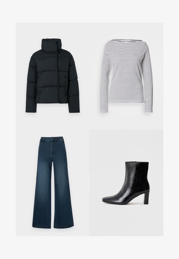 Veste matelassée noire avec un col montant, un design matelassé, et une coupe carrée. Elle comporte une fermeture éclair à l'avant et aucun détail visible de quincaillerie.; Haut à manches longues avec des rayures verticales bleu marine sur fond blanc, doté d'un col bateau et d'une silhouette ajustée. Confectionné dans un tissu doux.; Jean en denim bleu foncé, taille haute et jambes larges, avec poches avant et passants de ceinture sur fond blanc.; Bottine noire en cuir brillant, avec un bout pointu et un talon carré moyen, présentant une texture lisse et un design simple.