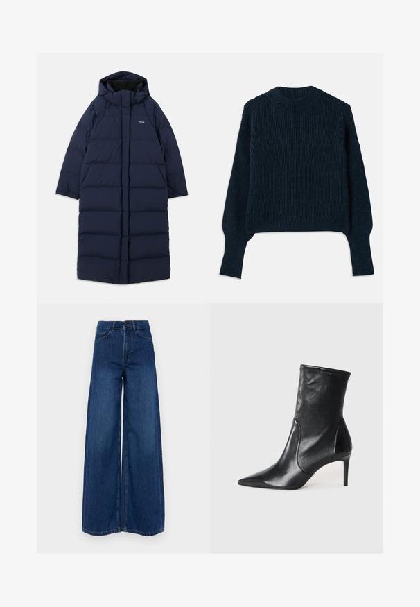 Navyblauer langer Puffermantel mit Kapuze, rechteckigem Design, gestepptem Muster, Frontreißverschluss und Innenfutter. Mit verstellbaren Kordelzügen ausgestattet.; Dunkelnavyblauer, gerippter Strickpullover mit langen Ärmeln und rundem Ausschnitt, auf einem weißen Hintergrund flach ausgelegt.; Vanessa Bruno BILBAO - Wide Leg - royal; Schwarze Stiefeletten aus glattem Leder, mit einer spitzen Zehe, schmalem Schaft und schlanker, hoher Ferse. Minimalistisches Design ohne sichtbare Beschläge.